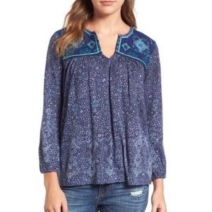 Lucky Brand Floral Top Womens Size M Embroidered Peasant Boho Blue
